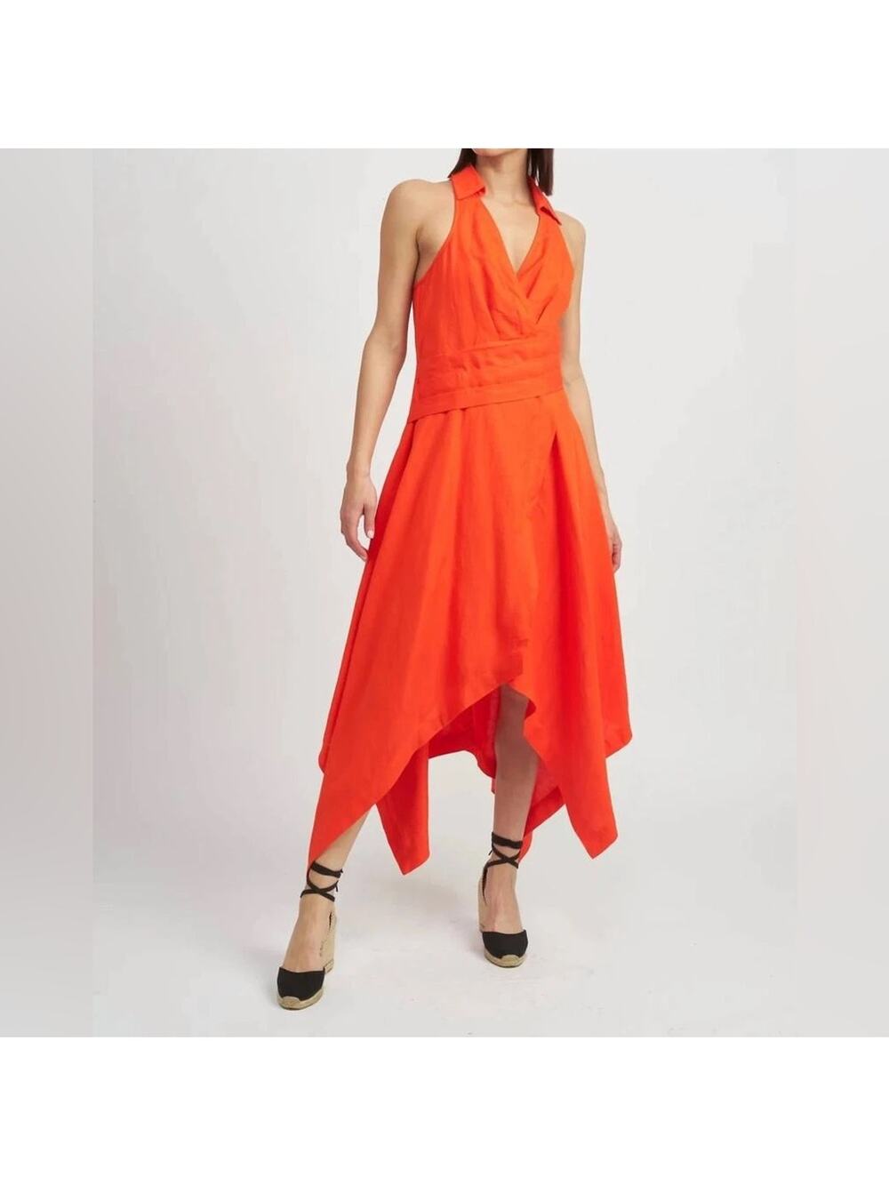 En Saison Anthropologie Vibrant Orange High Low halter linen Dress large